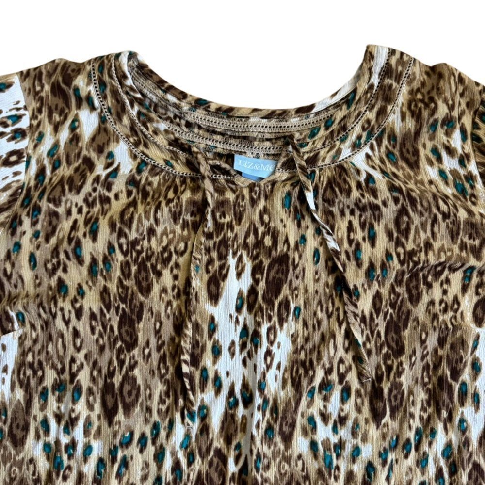 Liz & Me Women's Animal Print Neutral Turquiose 100% Cotton Blouse Top Size 2X - Picture 3 of 5